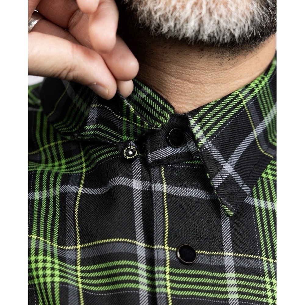 NIB Dixxon Flannel Lamb of God Into Oblivion Green Plaid Snap Down Shirt Mens XL - Picture 7 of 8